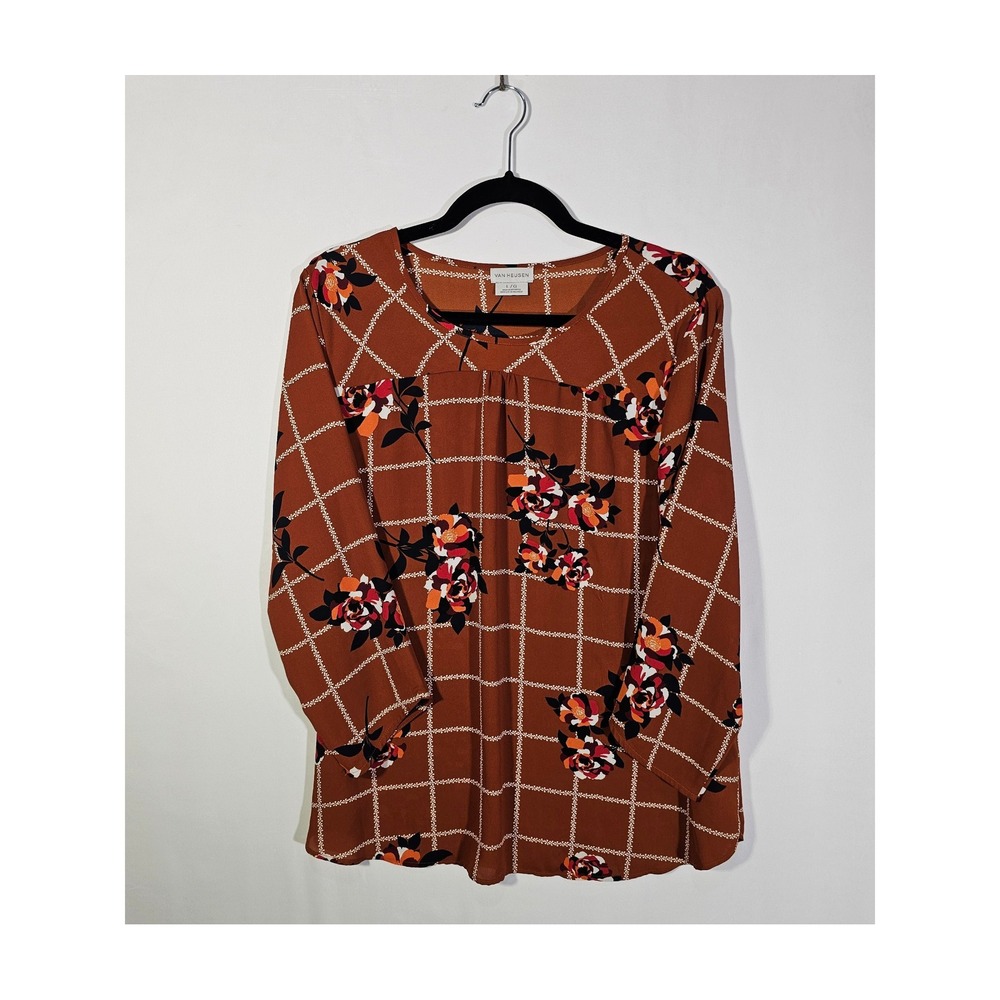 Preppy Office Floral Grid Van Heusen 3/4 Sleeve Blouse Womens Large Rust Brown